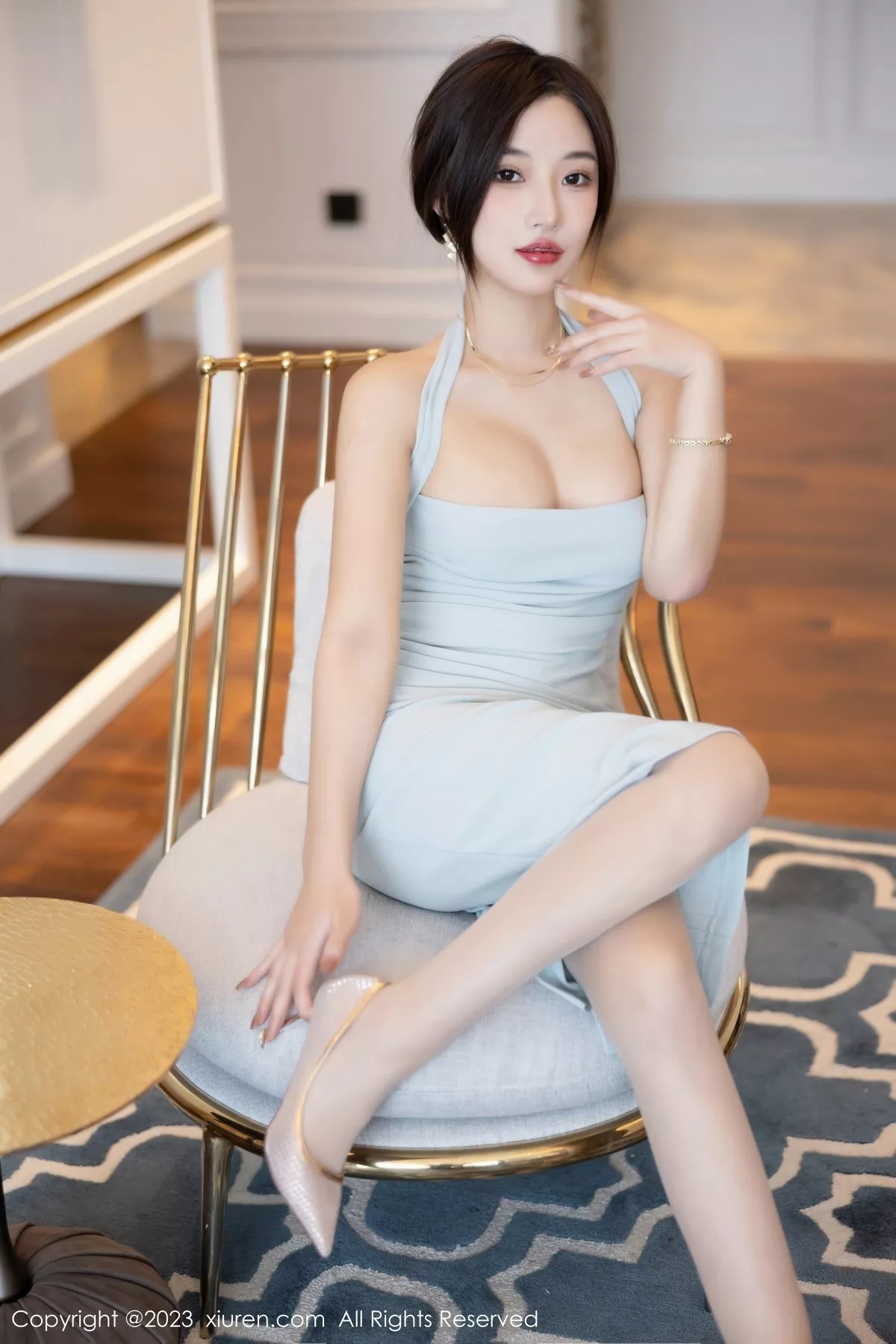 秀人集.com_[XiuRen秀人网]No.6642_模特妙可可Cheese性感淡蓝连身裙配超薄无内肉丝惹火诱惑写真86P