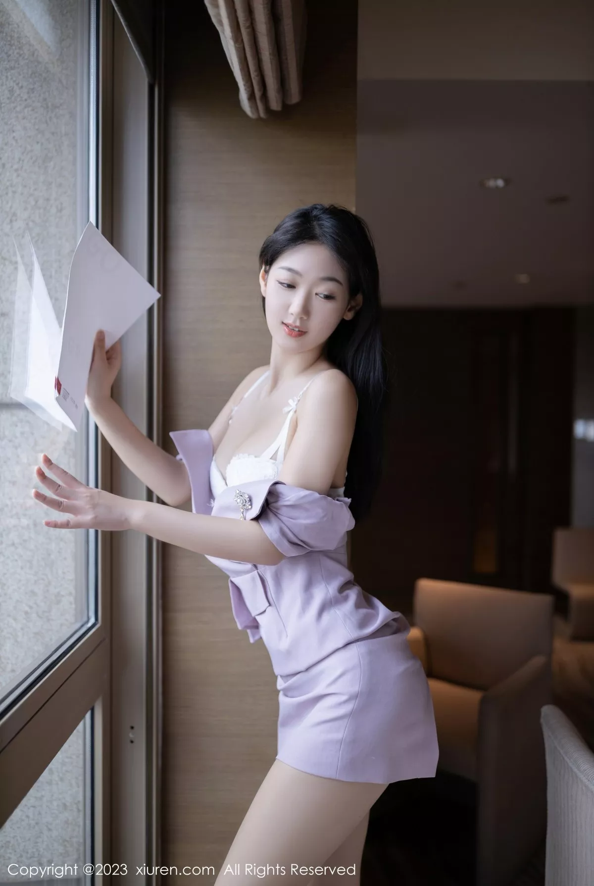 秀人集.com_[XiuRen秀人网]No.6859_模特唐安琪淡紫色Ol服露性感白色蕾丝内衣秀曼妙身姿诱惑写真80P