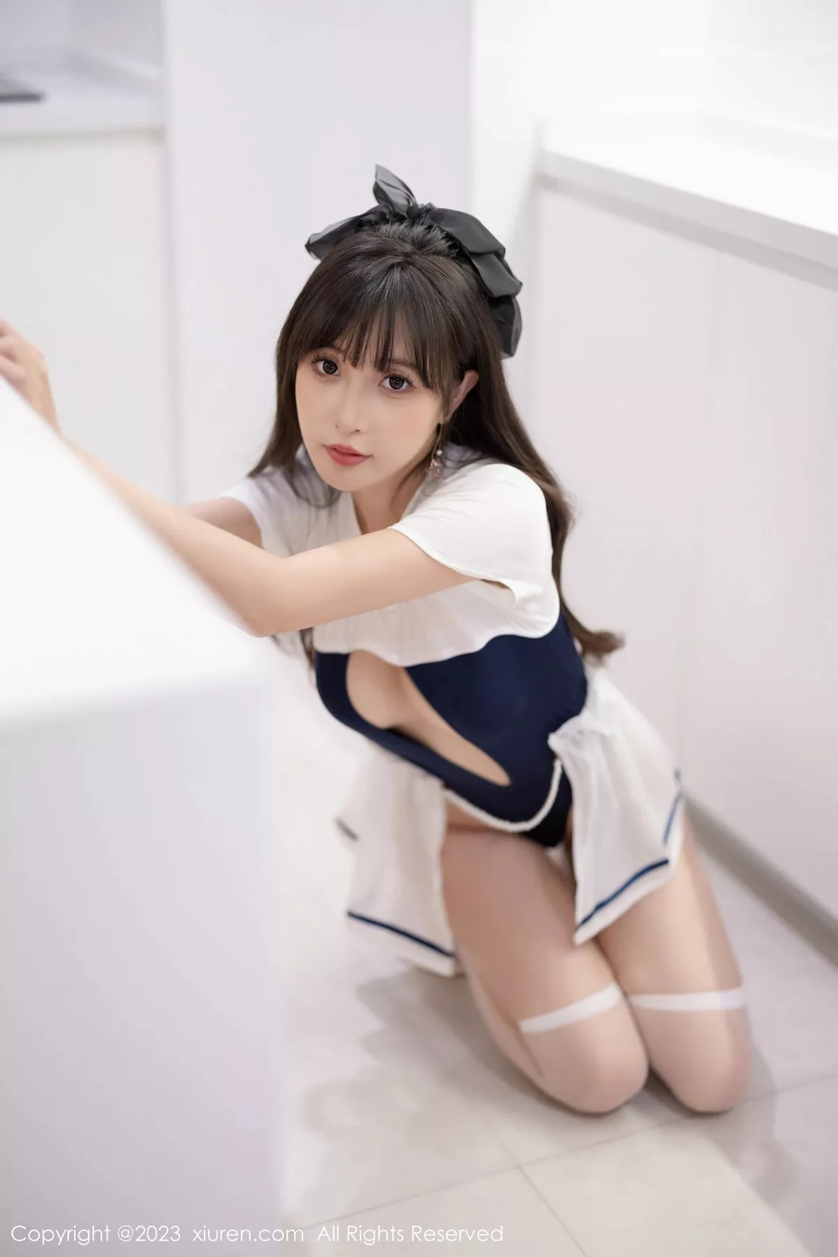 秀人集.com_[XiuRen秀人网]No.7468_模特林星阑蓝白色连衣短裙+黑色薄纱连体衣秀苗条身姿诱惑写真85P