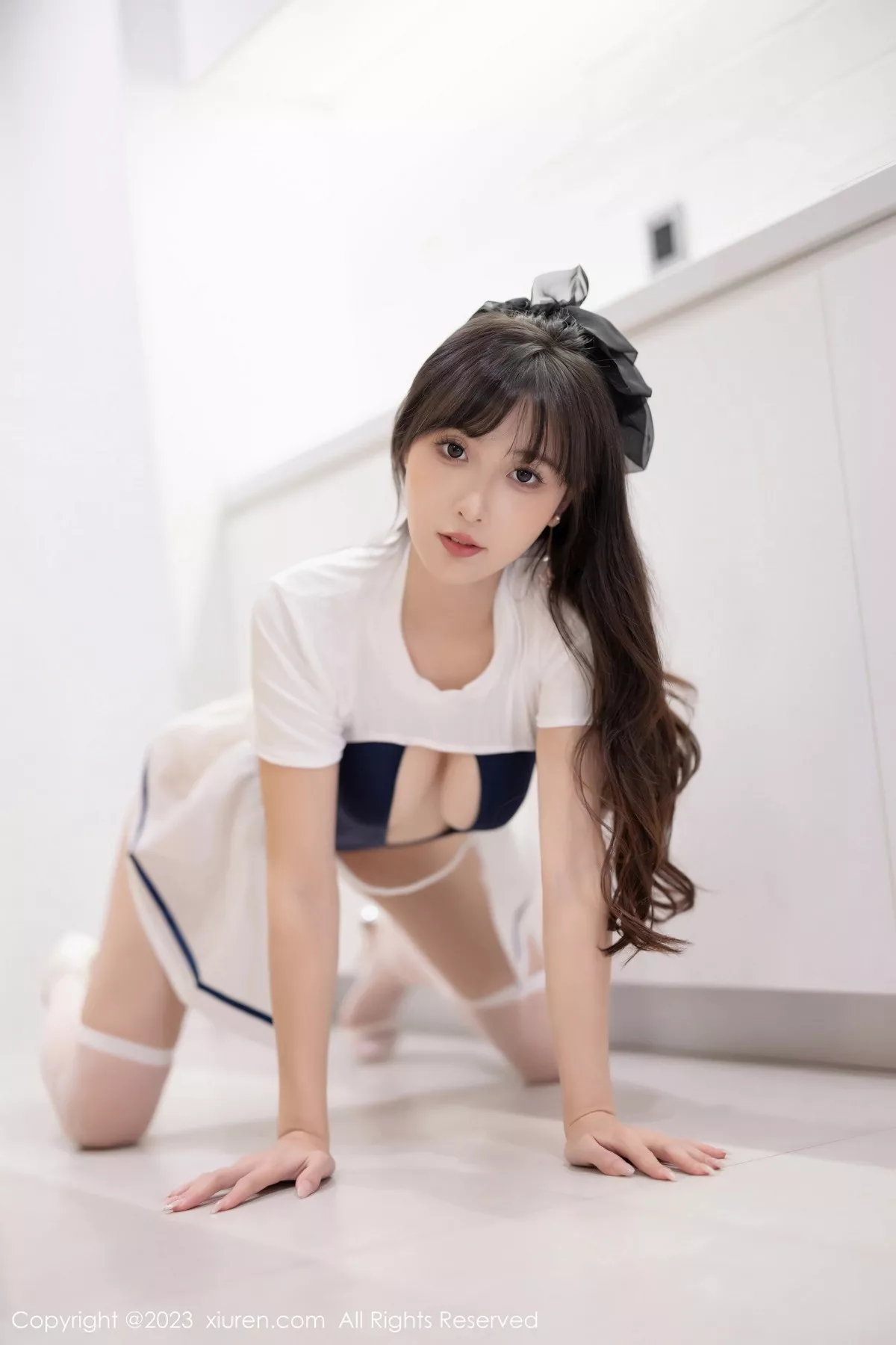 秀人集.com_[XiuRen秀人网]No.7468_模特林星阑蓝白色连衣短裙+黑色薄纱连体衣秀苗条身姿诱惑写真85P