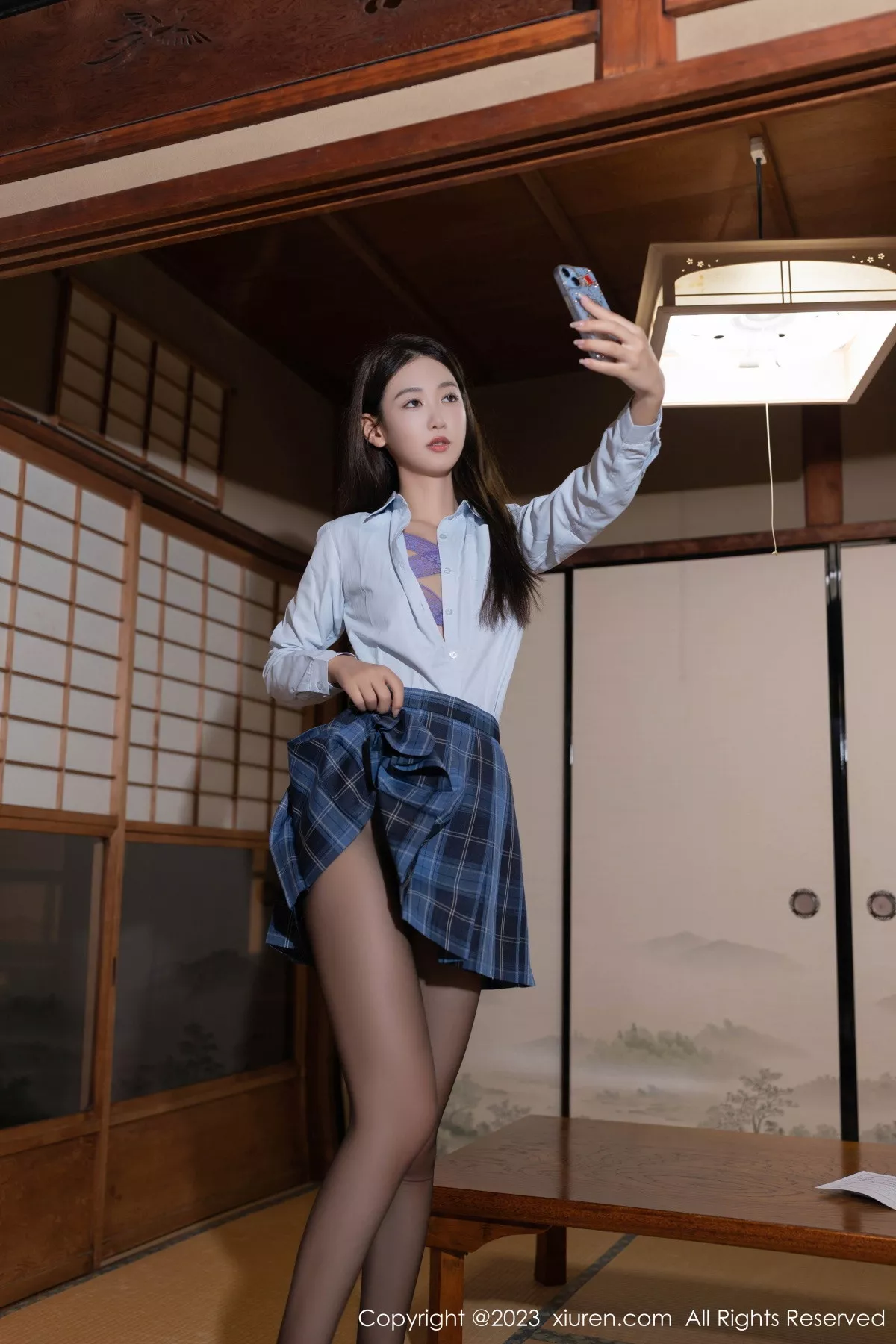 秀人集.com_[XiuRen秀人网]No.7585_模特唐安琪性感白T配格子裙露紫色蕾丝内衣秀完美身材诱惑写真78P