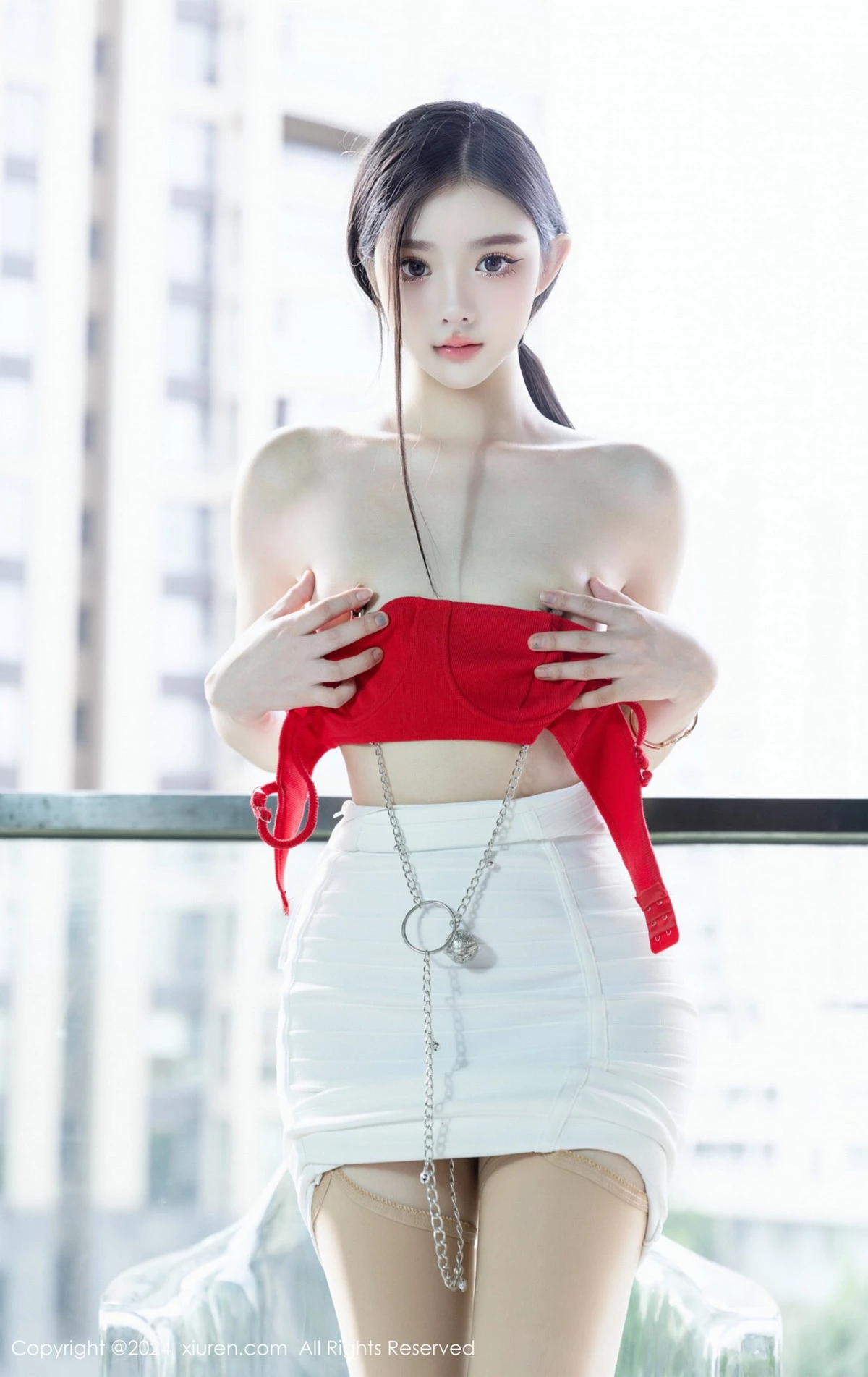 秀人集.com_[XiuRen秀人网]No.8794_模特龙雪儿红色情趣内衣配白短裙露超薄肉丝秀白嫩美腿诱惑写真51P