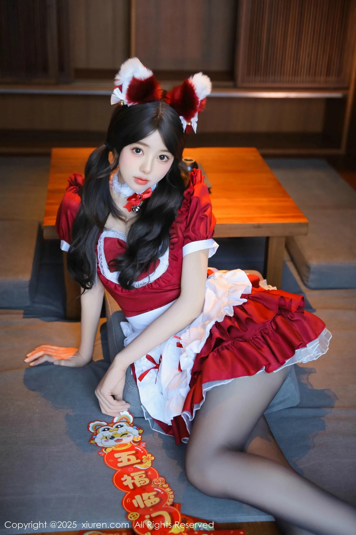 秀人集.com_[XiuRen秀人网]No.9814_模特桃妖夭红色喜庆女仆服露红色内衣配超薄黑丝秀美腿诱惑写真87P